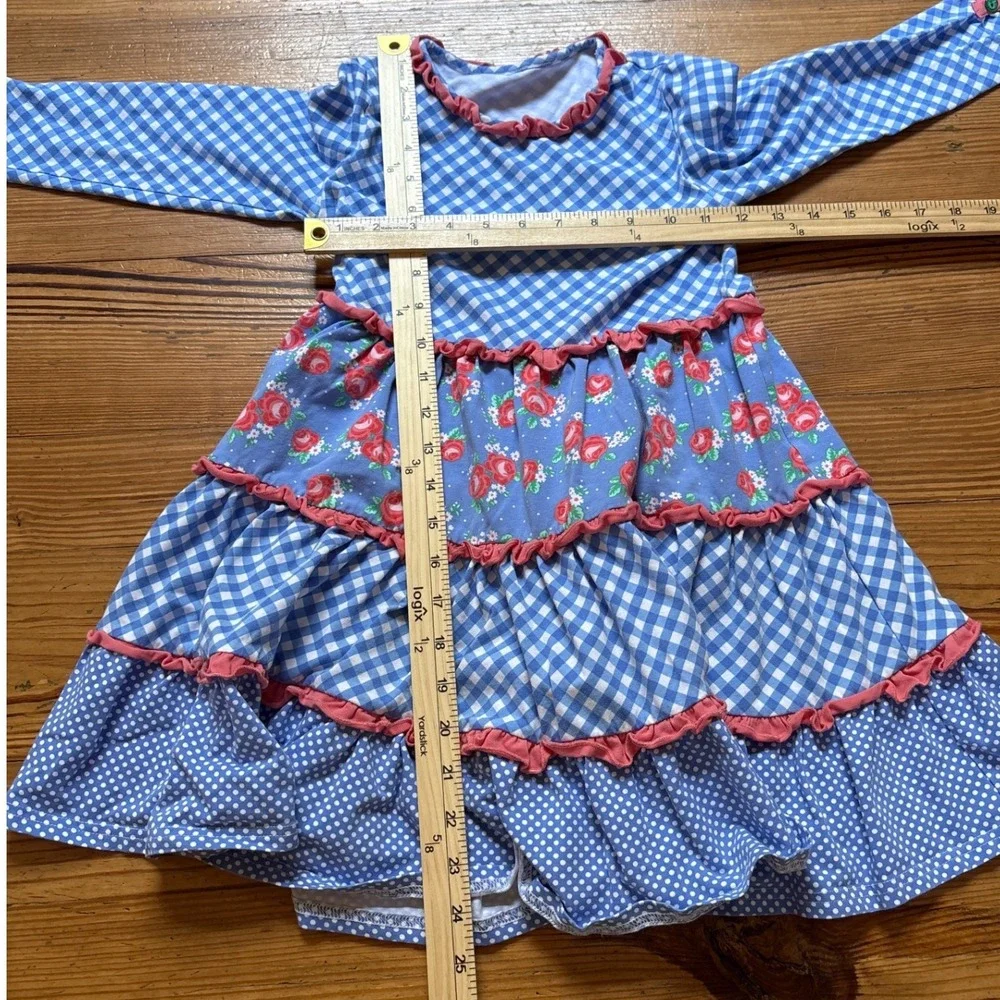 Serendipity‎ Dress Kids Blue Gingham Floral Tiered Ruffle Excellent SIZE M 5-6